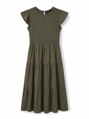 ZESICA Olive Green Smocked Tiered Maxi Dress Flutter Sleeve